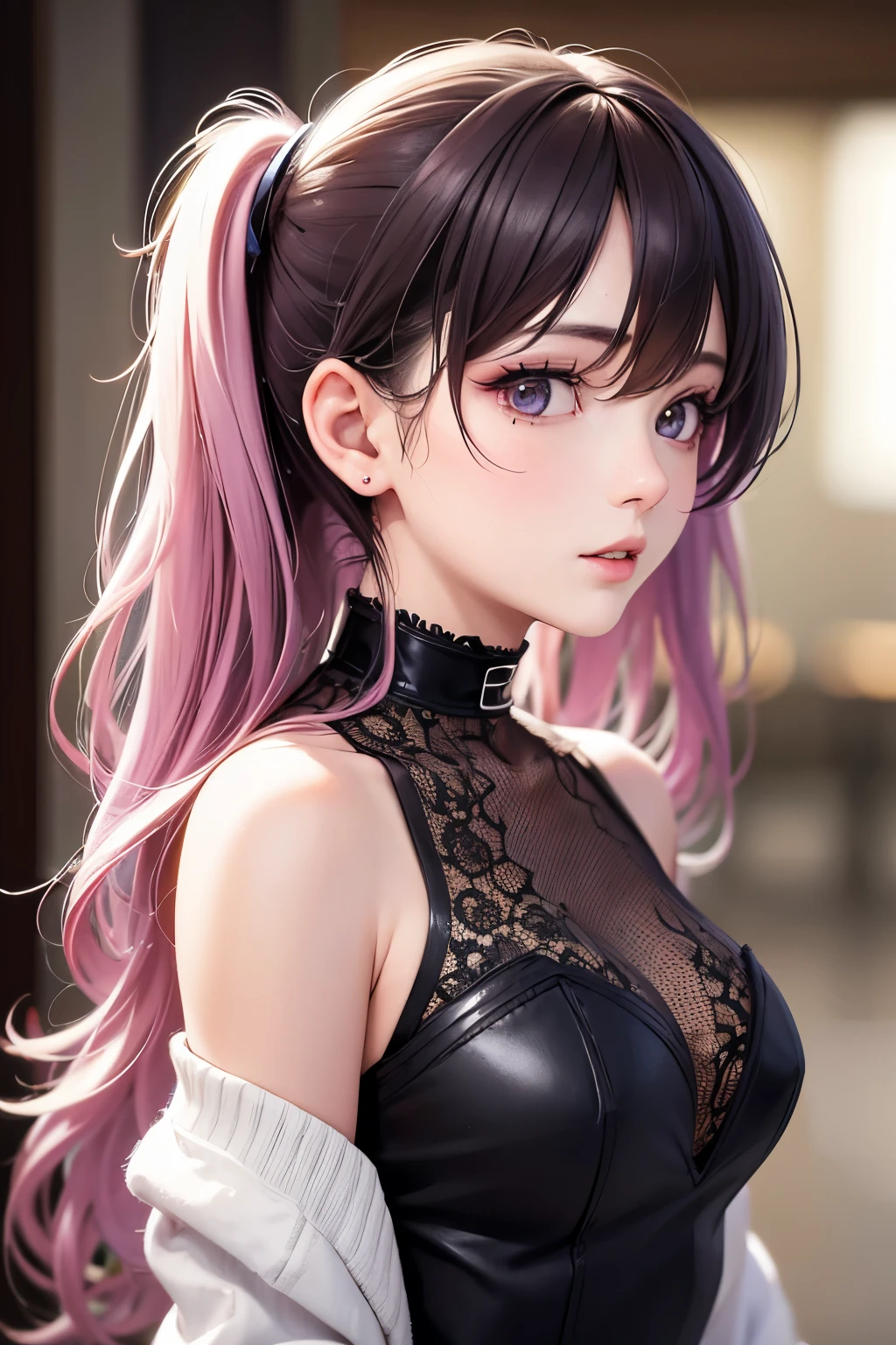 masterpiece, best quality, highly detailed, high resolution, expensive resolution, high resolution, 4K, 8k, Unity 8k wallpaper, highly detailed CG, masterpiece, 2D, 3D, beautiful details, depth, fine texture, best quality: 1.3, perfect focus, crispy skin, him, very cute, one 20-something girl, before a date with him, enjoying fashion, short twin tails, mole under eye, looking at the viewer, expensive, blush, mole, parted lips, heart, pink eyes, choker