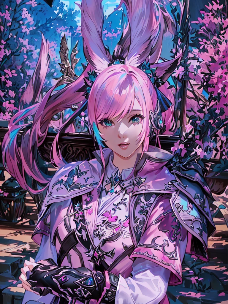 Closeup of a costumed person with pink hair, final fantasy style 14, Final Fantasy 1 4, Final Fantasy 1 4 screenshot, ffxiv cielo, Final Fantasy XIV, ffxiv, final fantasy 14 sharp, thinning pink hair, Pink hair and cyan eyes., character close up, character closeup, female character