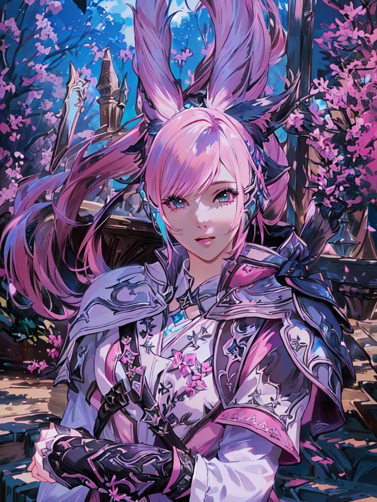 Closeup of a costumed person with pink hair, final fantasy style 14, Final Fantasy 1 4, Final Fantasy 1 4 screenshot, ffxiv cielo, Final Fantasy XIV, ffxiv, final fantasy 14 sharp, thinning pink hair, Pink hair and cyan eyes., character close up, character closeup, female character