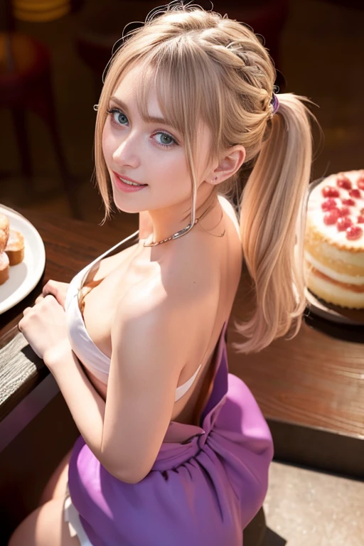 (from above:1.2),18 year old beautiful girl,Purplish blue eyes that dreamers desire,(Blonde hair) , small stature, ,,(masutepiece:1.2, Best Quality),(finely detailed beautiful eye: 1.2),(beautifull detailed face),(perky chest:1.1),(pointed chest:1.2),(cakes magazine cover:1.5),(Best Illumination, extremely delicate and beautiful),sexy pose,make a cocktail , in a bar counter,Ultra Contrast,Braid a little around the ears, White long dress, (very detailed),(Raw photo, highest quality),(realistic, Photoreal:1.3), high detail, very detailed complex 3D rendering of face, (very detailed skin:1.2), dynamic angle, fire glow effect, professional lighting, side light, cinematic light, a super high resolution, 8K , best shadow, particles of light, Fine skin texture, detailed face, intricate details, Super detailed, shine, Please reconsider, full body,, beautiful face, shiny skin, thin, nice companion, delicate body, thin legs, naked apron, ((crawl on all fours:0.4)), beautiful back, butt, turn around, A picture from a little behind, bend the body, the skirt is floating in the wind, Dark purple panties, thin Pubic hair ,(with sparkling eyes and a contagious smile), open mouth, highest quality, high resolution, Real World, Natural light, perfect Natural Light,