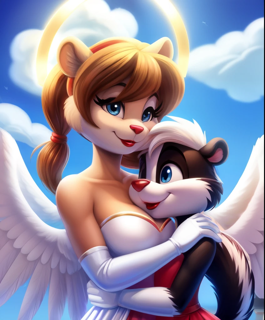 An female anthro skunk as an angel, ponytail hair, red lipstick, halo, white soft feathered wings, red heart shaped strapless dress with white trim, white and gold long gloves, she is hugging a kid, pink Heaven clouds in the background, tiny toons style