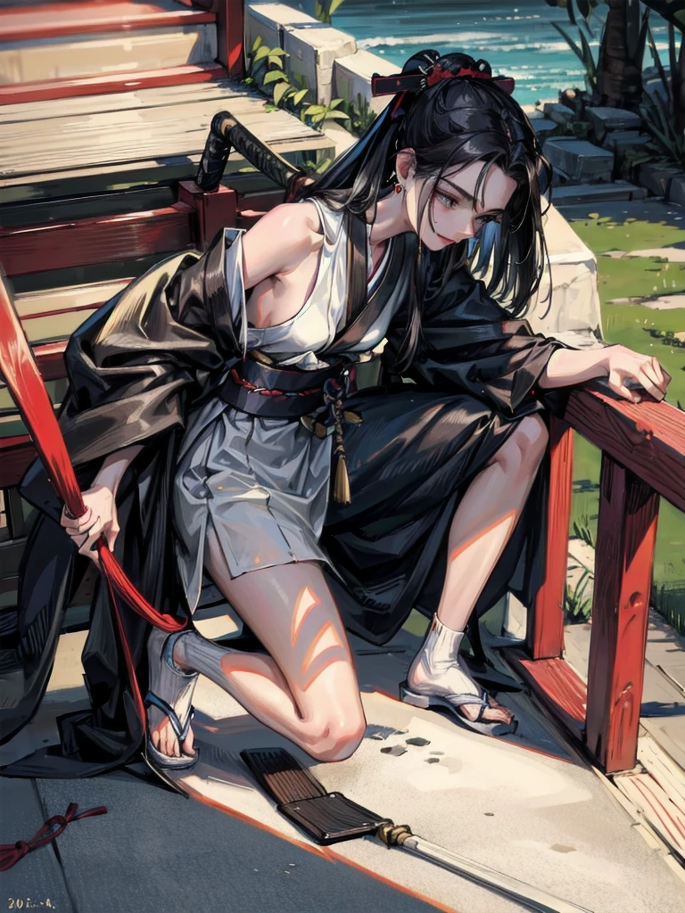 absurdres, RAW photo, extremely delicate and beautiful, masterpiece, Best Quality, ultra high resolution, 32k, hyperrealistic, ultra-detailed, in her 20s, delicate facial features, tearful mole, earring, medium breasts, full body shot, shorter middle hair, black hair, kimono, ninja, samurai,