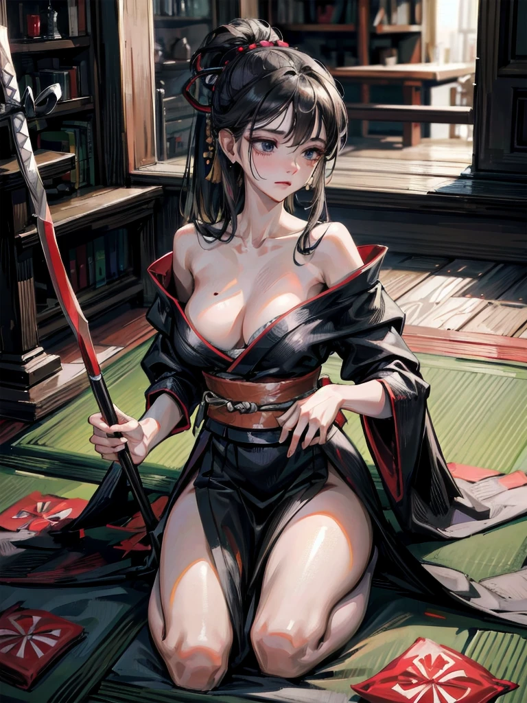 absurdres, RAW photo, extremely delicate and beautiful, masterpiece, Best Quality, ultra high resolution, 32k, hyperrealistic, ultra-detailed, in her 20s, delicate facial features, tearful mole, earring, medium breasts, full body shot, shorter middle hair, black hair, kimono, ninja, samurai,