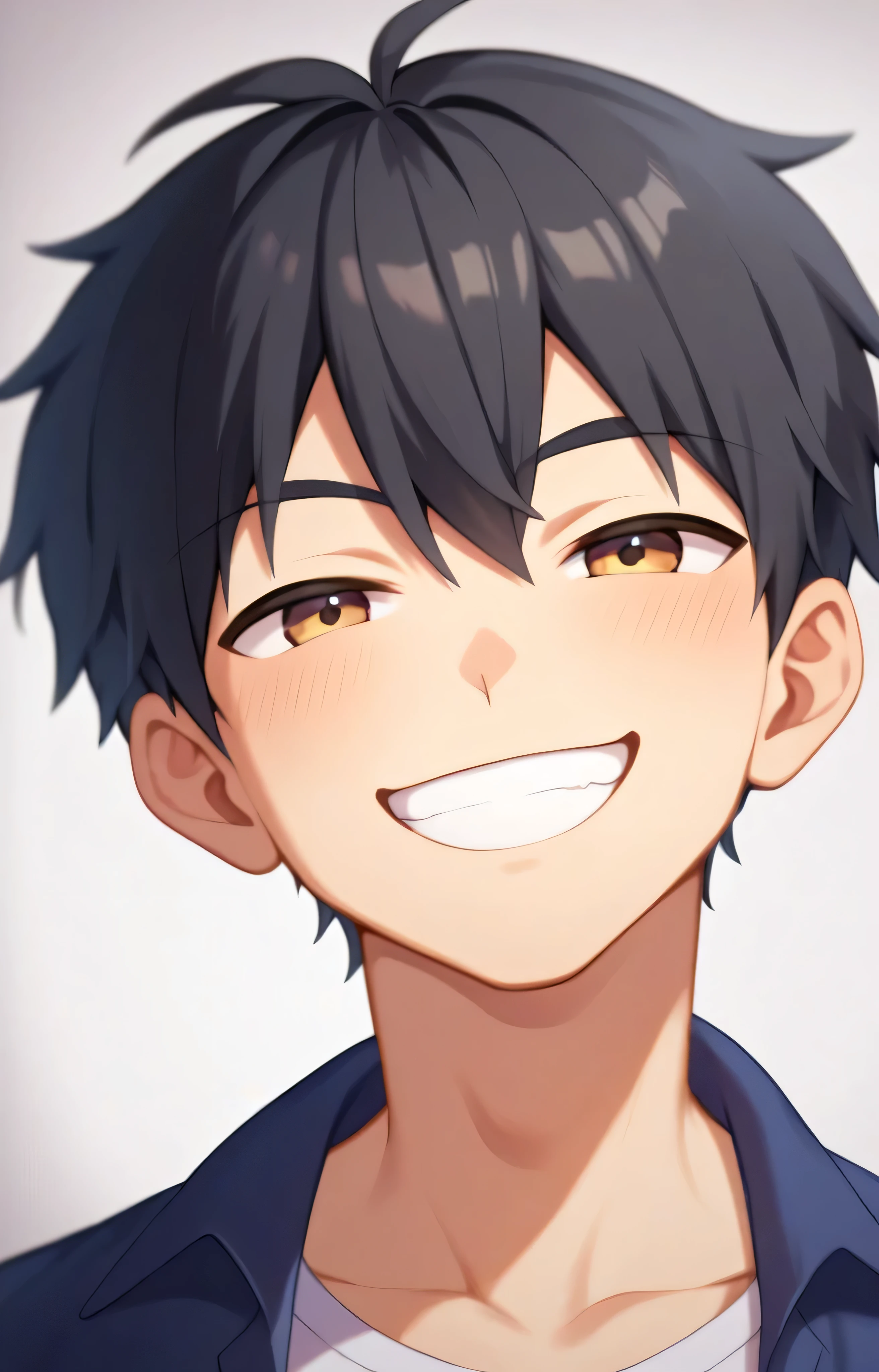 a close up of a person with black hair, [[[[grinning evily]]]], smiling sweetly, smug grin, grinning lasciviously, smileing nright, he is smiling, young anime man, happy expression, anime boy, smiling expression, black anime boy, grinning, smug smile, serene smile