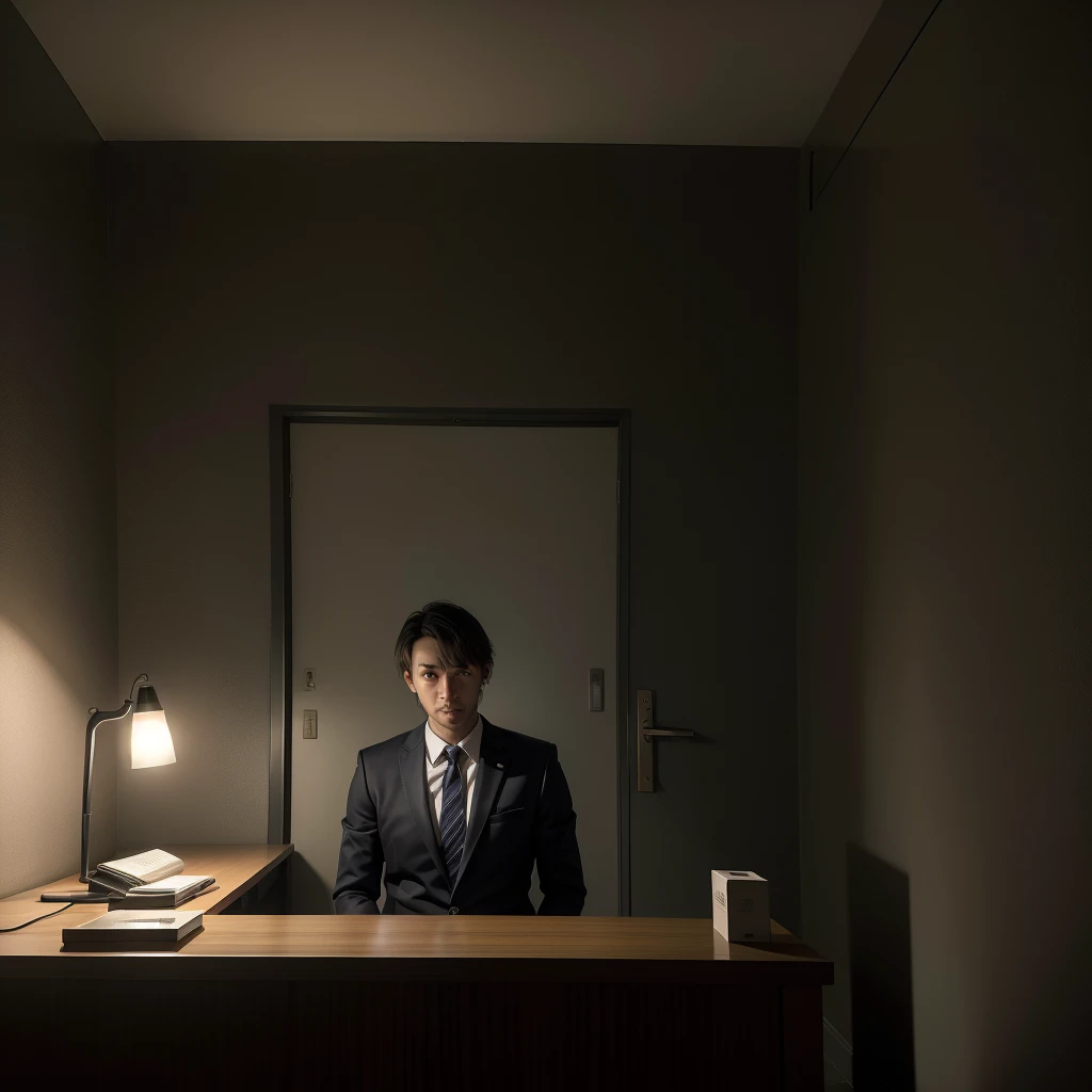 high precision of details, perfect, realistic; imagine a reception with a service desk in a
prison, a single lamp illuminating the almost completely dark, frightening, tenebrous place,