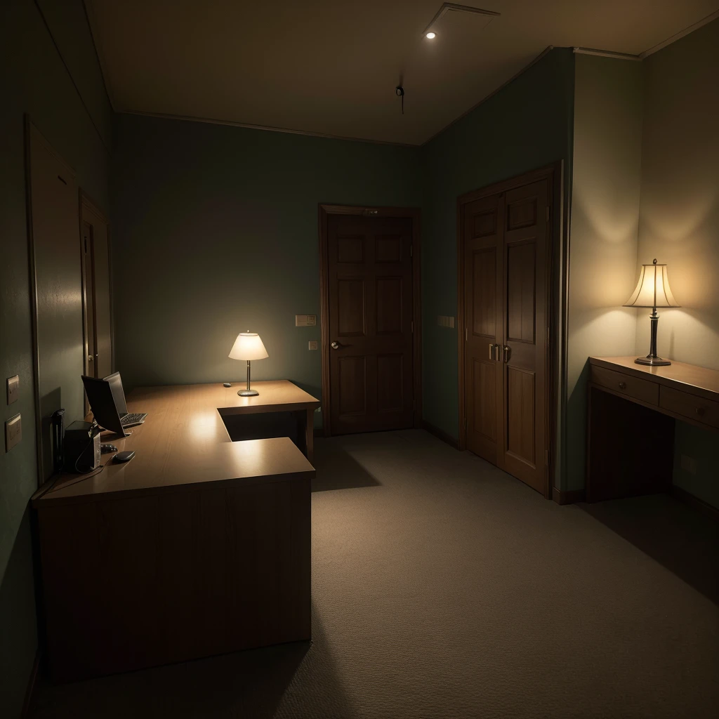 high precision of details, perfect, realistic; imagine a reception with a service desk in a
prison, a single lamp illuminating the almost completely dark, frightening, tenebrous place,