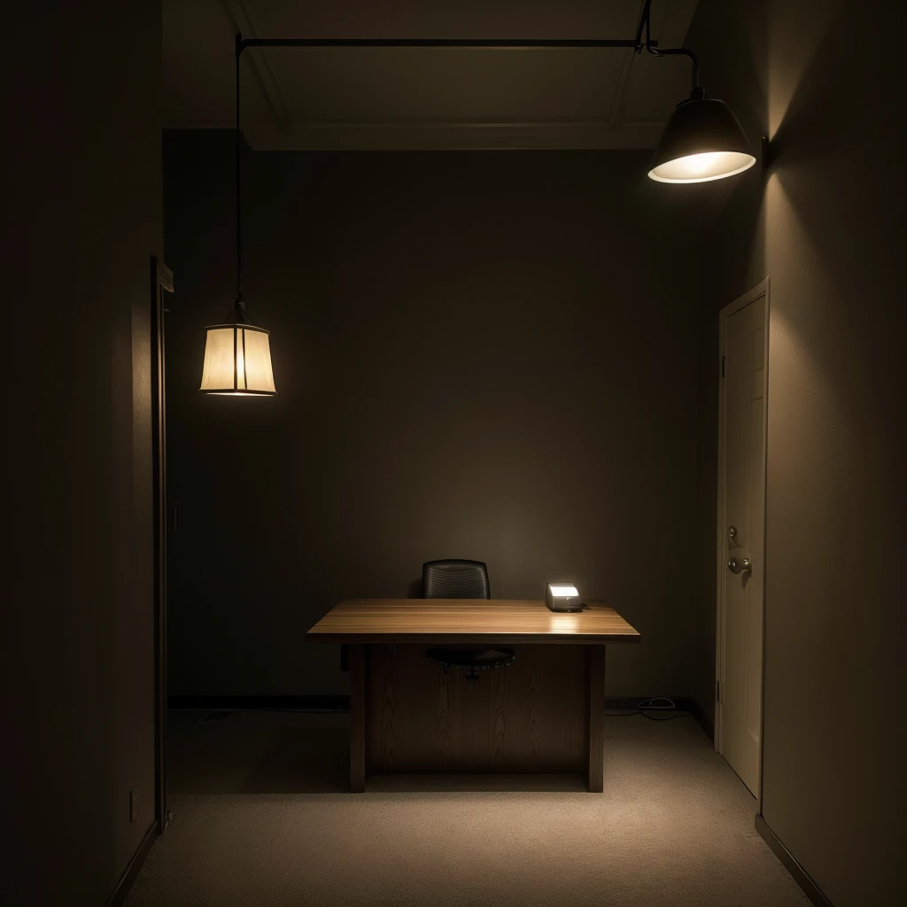high precision of details, perfect, realistic; imagine a reception with a service desk in a
 prison, a single lamp illuminating the almost completely dark, frightening, tenebrous place,