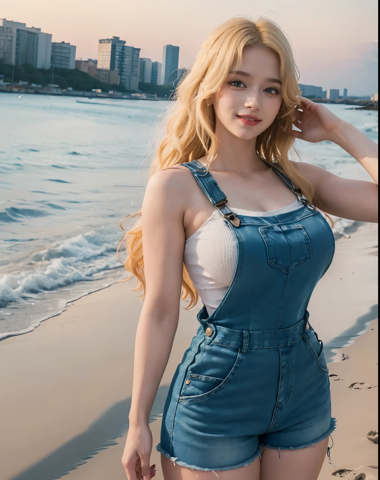 1girl, (Blue Eyes), (smiling :1.2), (Sana Minatozaki), (beautiful makeup :1.2), wide hips, Big tits, (big ass :1.2), (round ass :1.2), (Best Quality, 8k, Masterpiece: 1.3), Clear Focus: 1.2, Perfect Body Beauty: 1.4, strong abs, Highly detailed face and skin texture, detailed eyes, double eyelids, red lips, (blond long hair :1.2), (denim shorts), standing, look back, view from back, on a beach, city in the background