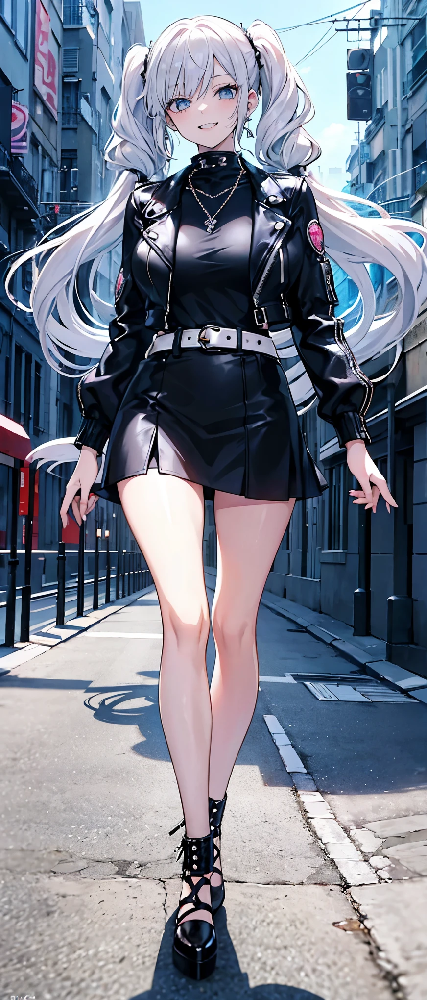 High resolution, high resolution,2D Anime Style,,Cool woman,Gal,tall,20th Generation,White hair long hair,Curly hair twin tails,Light blue eyes,Gal,Beautiful watch,Beautiful earrings,Lots of beautiful necklaces,Punk Fashion,leather jacket,He is smiling,Has fangs,whole body,Walking around the city,