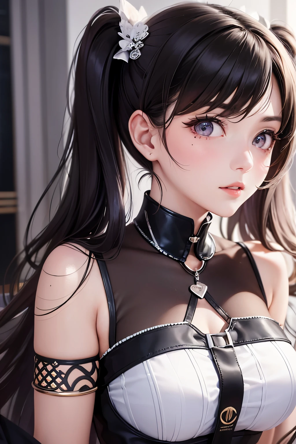 masterpiece, best quality, highly detailed, high resolution, expensive resolution, high resolution, 4K, 8k, Unity 8k wallpaper, highly detailed CG, masterpiece, 2D, 3D, beautiful details, depth, fine texture, best quality: 1.3, perfect focus, crispy skin, him, very cute, one 20-something girl, before a date with him, enjoying fashion, short twin tails, mole under eye, looking at the viewer, expensive, blush, mole, parted lips, heart, pink eyes, choker