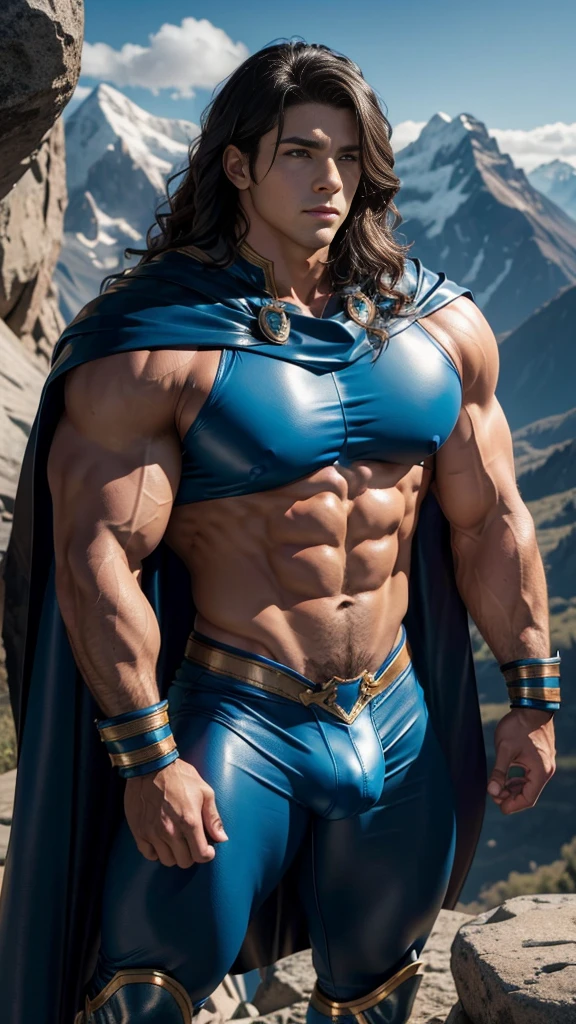 (muscular cute beautiful young boy Arion), huge strong biceps volume, huge chest muscles volume, muscular strong legs, exposed abs skin, tight leather blue trunks and cape, wavy hair, huge cock bulge, mountains background