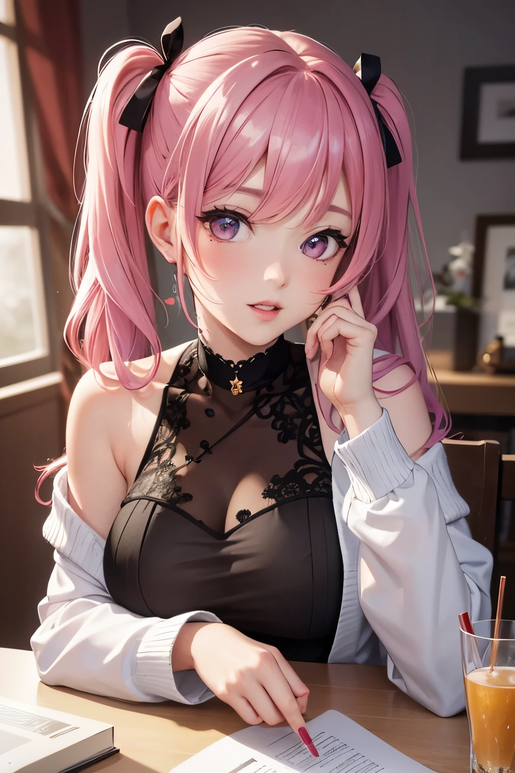 masterpiece, best quality, highly detailed, high resolution, expensive resolution, high resolution, 4K, 8k, Unity 8k wallpaper, highly detailed CG, masterpiece, 2D, 3D, beautiful details, depth, fine texture, best quality: 1.3, perfect focus, crispy skin, him, very cute, one 20-something girl, before a date with him, enjoying fashion, short twin tails, mole under eye, looking at the viewer, expensive, blush, mole, parted lips, heart, pink eyes, choker
