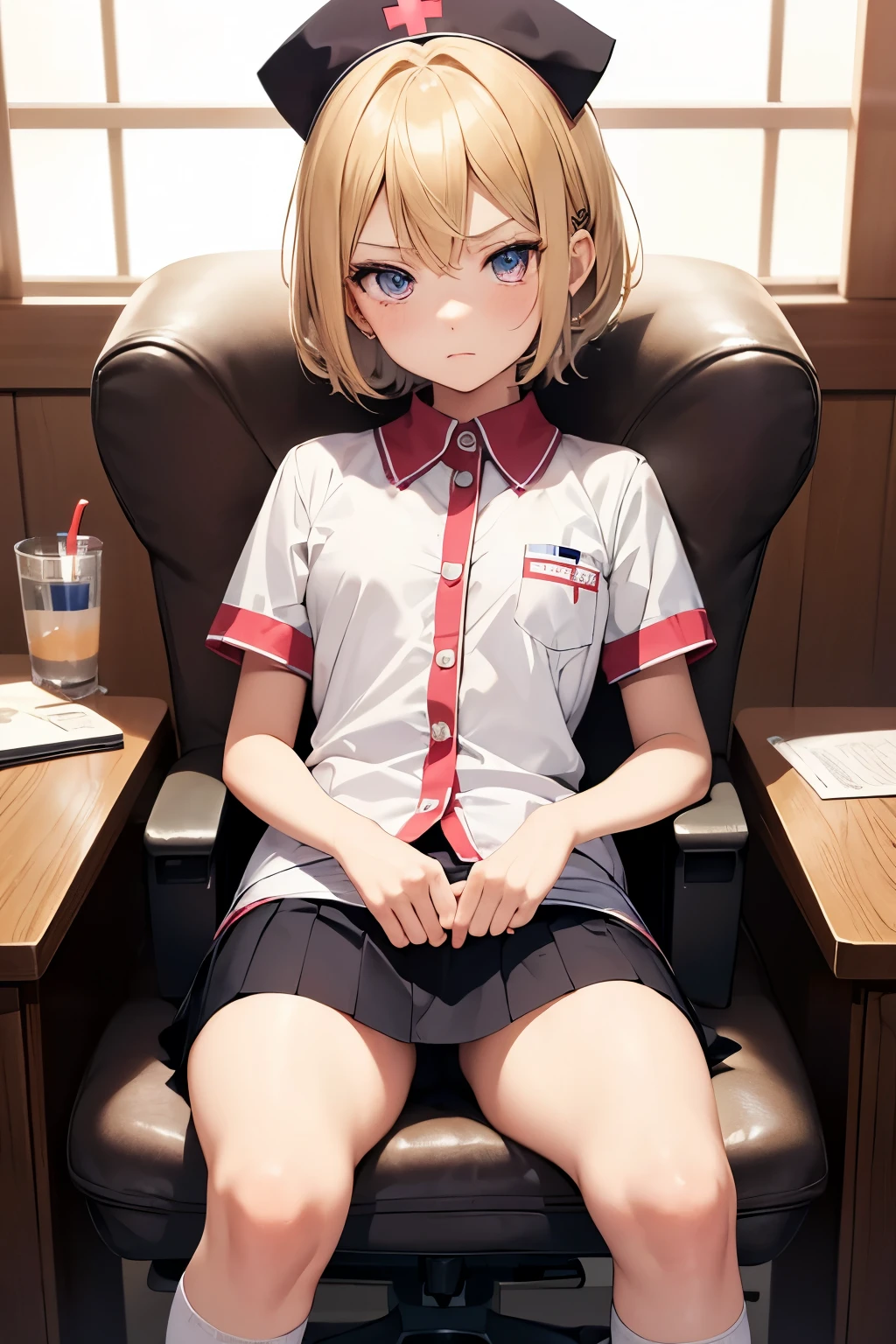 Ultra detailed ,anime , girl, 8 years old, childshi body , short blonde hair ,beautiful eyes  ,angry face ,discutindo , nurse Uniform , colada mini-skirt , pantie ,long socks , sit chair very open legs ,enfermaria . 