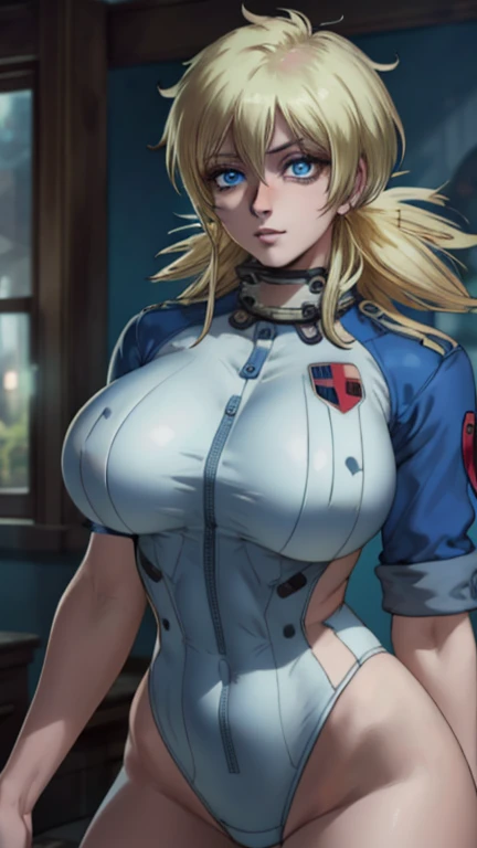 (masterpiece, highest quality, best quality, official art, beautiful and aesthetic: 1.2), (1girl), extremely detailed, (fractal art: 1.3), colorful, highest detailed, perfect face, upper body, HDR, ), vivid visual effects, (dynamic stripes, luminous traces: 1.2), long blonde hair, hellsing, integra, breast focus, breasts, large breasts, bare breasts, naked, nude, boob window, sexy, wide hips, thicc figure, Detailed blue eyes, Detailed face, Detailed eyes, bodysuit, one piece bodysuit, one piece suit