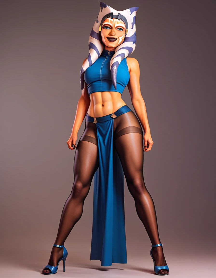 Ahsoka con black pantyhose, from ahead, with thin and not high blue heels, loincloth and blue top, black pantyhose, looking smiling at the viewer 