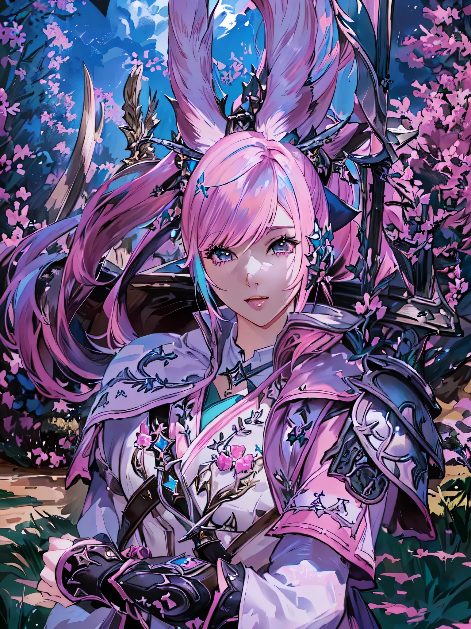 Closeup of a costumed person with pink hair, final fantasy style 14, Final Fantasy 1 4, Final Fantasy 1 4 screenshot, ffxiv cielo, Final Fantasy XIV, ffxiv, final fantasy 14 sharp, thinning pink hair, Pink hair and cyan eyes., character close up, character closeup, female character