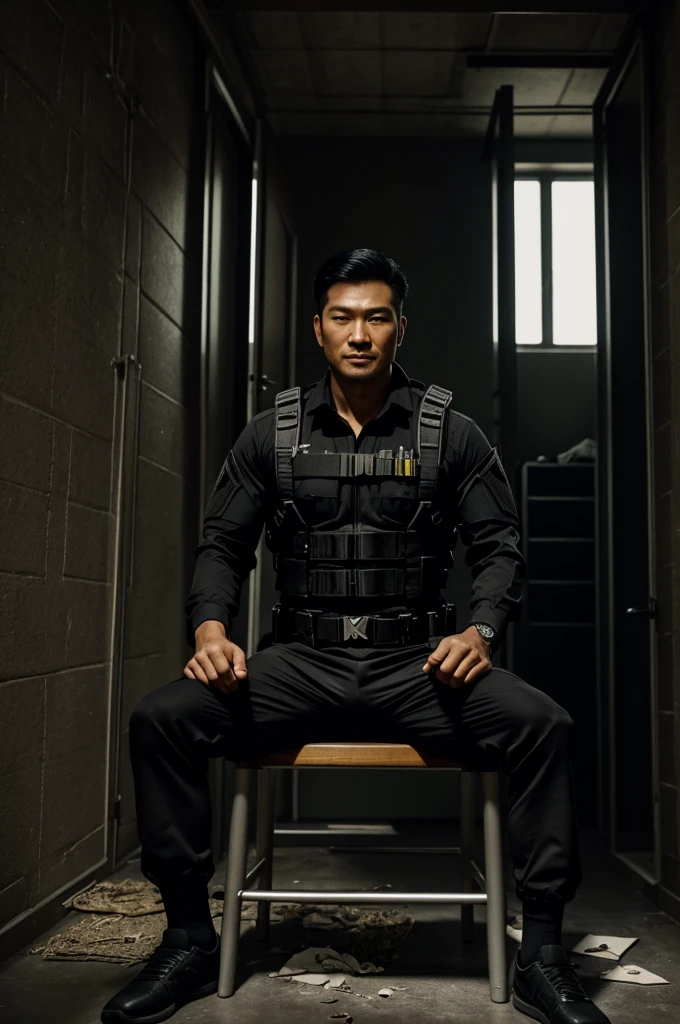 a well-built Asian spy with parted hair, dressed in black tactical gear, sits on a tall chair. it's a dark and foggy attic. the hero is confused for a for a patient and secured firmly, hands behind his back. he is wearing socks but has had his shoes removed. there is debris. a black cloth blinds the spy's eyes. a mystery person adjusts the restraints. the spy has a relaxed smile.