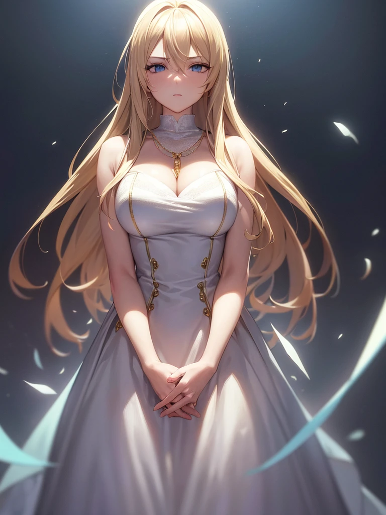 Blond hair, blue eyes, straight hair, forehead showing, combed back hair, hair band, rich, properly dressed, serious, necklace, white dress, restaurant, arms crossed, golden blazer, cleavage, jewelry, gold lacing, ultra-detailed, absurdres, unreal engine, masterpiece, best quality, beautiful eyes, volumetric lighting, silky_hair), best quality, ultra-detailed, solo, looking at viewer, highres, 8k wallpaper, extremely detailed, smooth lighting, 8k, depth of field, masterpiece, cinematic lighting,