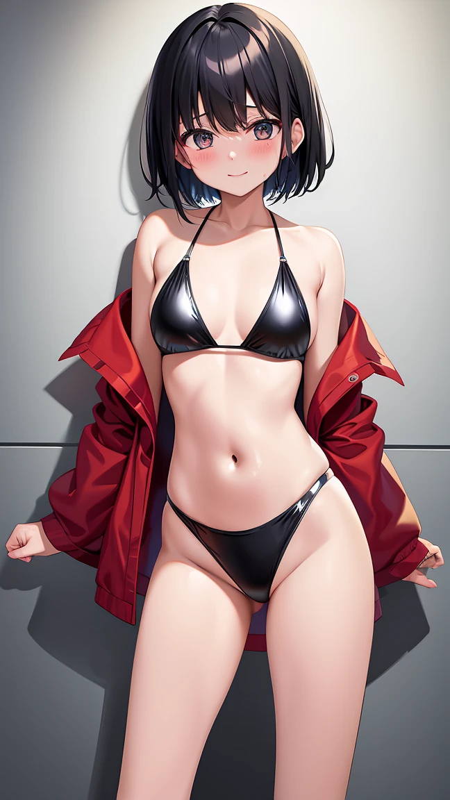 The generated image is、It depicts a 10-year-old Japanese girl.。She cut her black hair short、She has beautiful eyes and a shy smile.。Her face was red、Huge chest stands out。She is wearing a shiny black latex bikini、I put my arms behind my back。Her whole body is depicted、Standing posture。In the background is the gym、It's raining outside。She was wet and、I'm sweating。moreover、There is a lot of semen on her chest and body.。