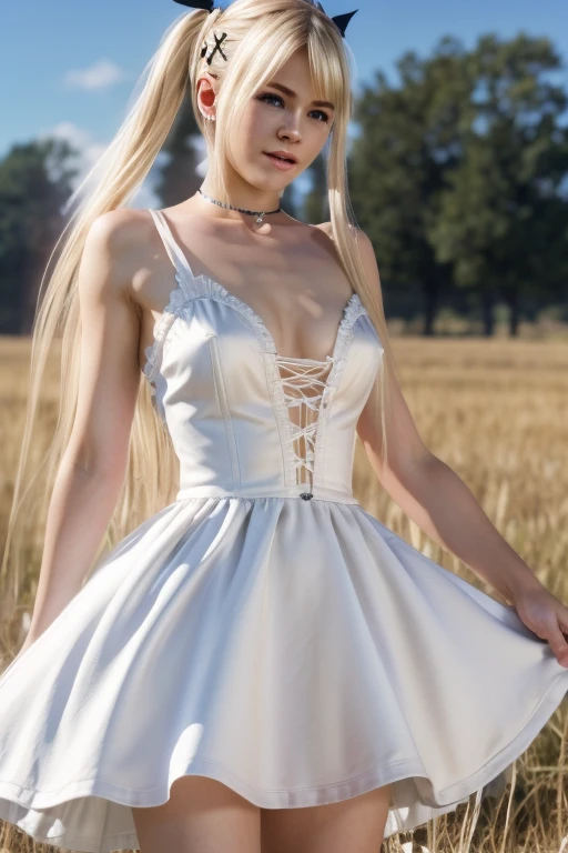 Marie Rose DOA stands in a white dress in a field, covered in sperm with traces of sex, raped, on the body sperm discharge hair dirty, humiliated erotica 18+ art 3D fantasy high detail realism super realism