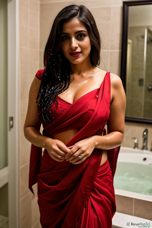 photo portrait of beautiful  desi bhabhi,  posing  inside her bathroom wearing sexy  oversized wet  see through open top and skirt drenched and wet under running shower , looking at viewer, lense flare, (realistic eyes, symmetric face:0.8) (masterpiece:1.2) (photorealistic:1.2) (bokeh) (best quality) (detailed skin) (intricate) (8k) (HDR) (cinematic lighting) (sharp focus), big breast, big natural lips, dark red lips, sparkling day dreams eyes.