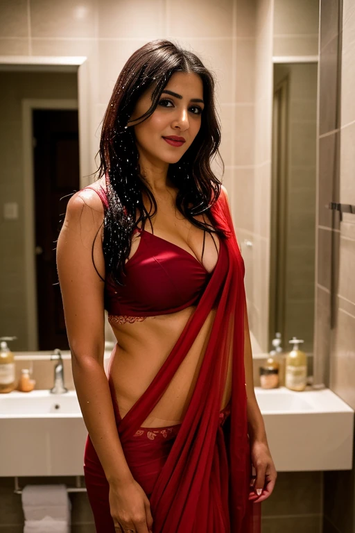 photo portrait of beautiful  desi bhabhi,  posing  inside her bathroom wearing sexy  oversized wet  see through open top and skirt drenched and wet under running shower , looking at viewer, lense flare, (realistic eyes, symmetric face:0.8) (masterpiece:1.2) (photorealistic:1.2) (bokeh) (best quality) (detailed skin) (intricate) (8k) (HDR) (cinematic lighting) (sharp focus), big breast, big natural lips, dark red lips, sparkling day dreams eyes.