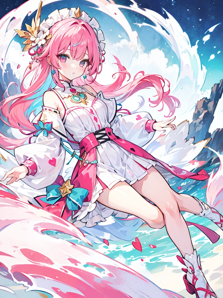 The martial arts girl has long light pink hair，Blue eyes as clear as water，She is wearing a white Hanfu，like a fairy，Wearing white stockings and white knee-high boots on her feet