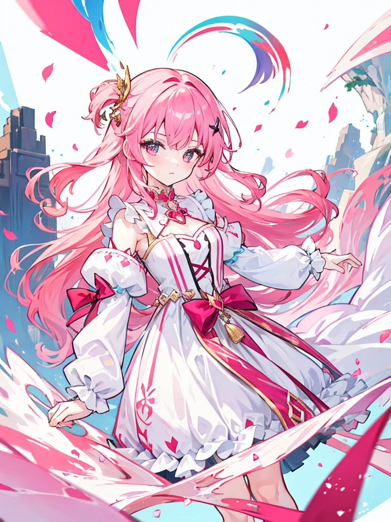 fantasy world girl with colorful hair, accessories, detailed clothes, girl with pink hair, white and red clothes