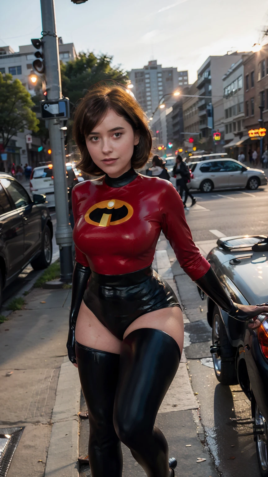 Masterpiece, (photorealistic1.4),Best quality, (solo), (1girl on night street)), (epiCRealLife), (lora:epiCFlashPhoto), (photorealistic1.4), (night scene), (night sky), (Helen Parr latex costume), (dakojohnold ), (dakojohnold),  black elbow gloves), (black thighhigh), (Helen Parr bodysuit), (helen parr thighhigh) (helen parr short hair), (Helen Parr hairstyle), (outside patio), (1girl), (look at viewer), (demure), (close up), (spot light), (flashphoto), (night time), (at night), (f/2.8), (cowboy shots), (upper body shot), (from front), (new york night street), (neon signs), (from front), (pose for pictures), 