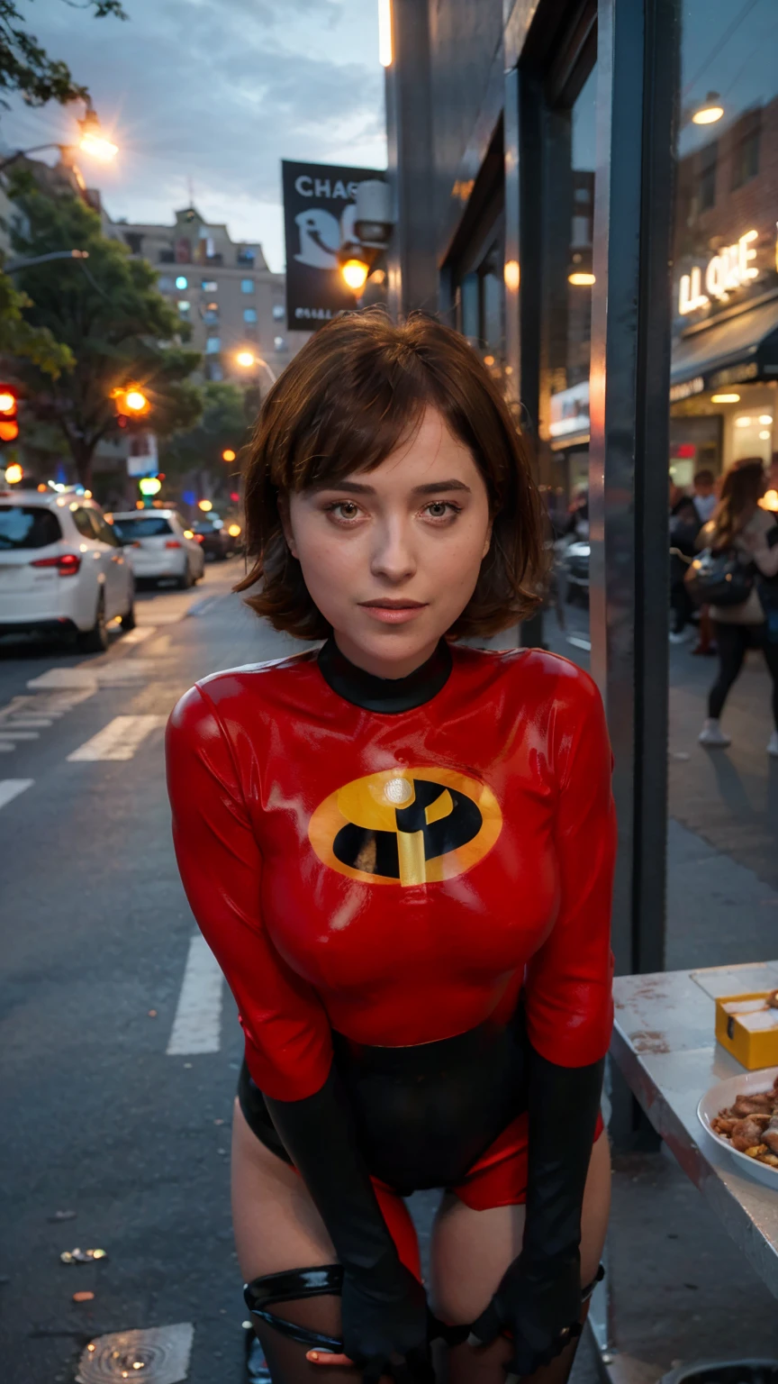 Masterpiece, (photorealistic1.4),Best quality, (solo), (1girl on night street)), (epiCRealLife), (lora:epiCFlashPhoto), (photorealistic1.4), (night scene), (night sky), (Helen Parr latex costume), (dakojohnold ), (dakojohnold),  black elbow gloves), (black thighhigh), (Helen Parr bodysuit), (helen parr thighhigh) (helen parr short hair), (Helen Parr hairstyle), (outside patio), (1girl), (look at viewer), (demure), (close up), (spot light), (flashphoto), (night time), (at night), (f/2.8), (cowboy shots), (upper body shot), (from front), (new york night street), (neon signs), (from front), (pose for pictures), 