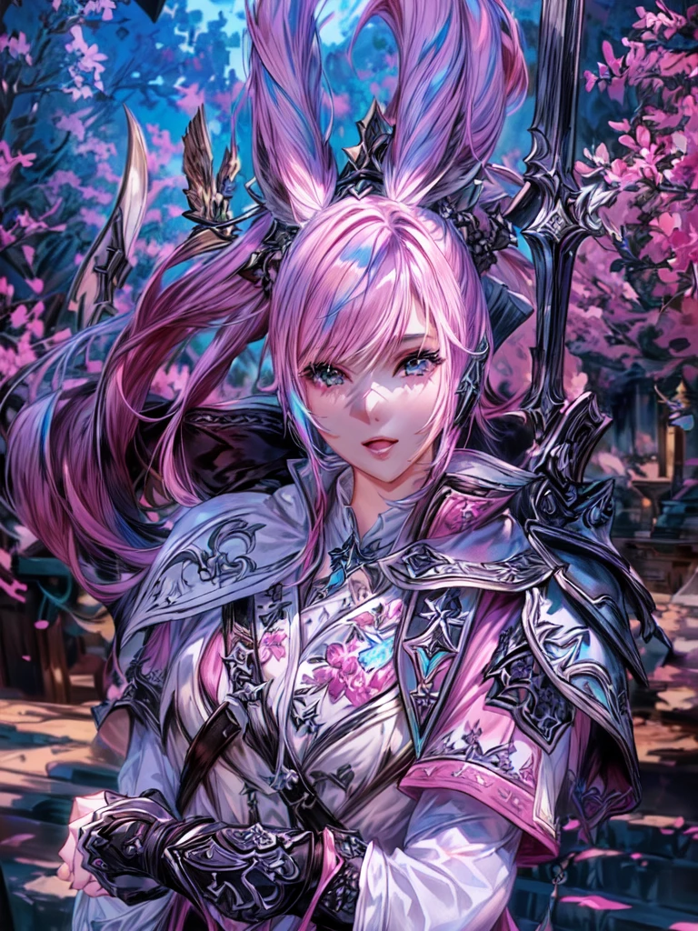 Closeup of a costumed person with pink hair, final fantasy style 14, Final Fantasy 1 4, Final Fantasy 1 4 screenshot, ffxiv cielo, Final Fantasy XIV, ffxiv, final fantasy 14 sharp, thinning pink hair, Pink hair and cyan eyes., character close up, character closeup, female character con ojos mas grandes y con un arco en su espalda