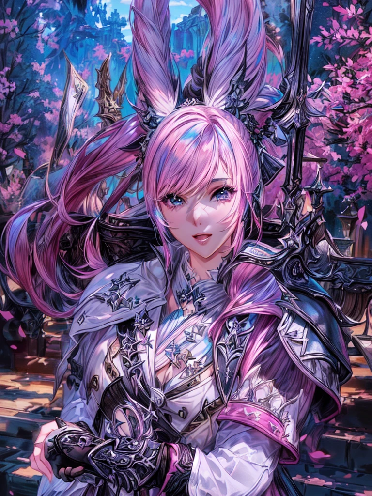 Closeup of a costumed person with pink hair, final fantasy style 14, Final Fantasy 1 4, Final Fantasy 1 4 screenshot, ffxiv cielo, Final Fantasy XIV, ffxiv, final fantasy 14 sharp, thinning pink hair, Pink hair and cyan eyes., character close up, character closeup, female character con ojos mas grandes y con un arco en su espalda