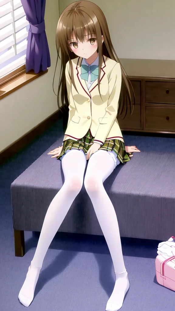 ( high quality, high resolution, complex and detailed depiction, masterpiece, Raw photo,POV, Angle from feet, Photorealistic 3DCG, perfect anatomy:1.2),( one woman, 16-year-old, Brown hair, long hair, twin tails, cute face, beautiful brown eyes, thin pubic hair,look pussy),( Blushing cheeks, embarrassed expression, open mouth, virgin, ),( high school girl uniform , miniskirt, no panties, bare feet),( sleep on the bed, open your legs, hands behind head)