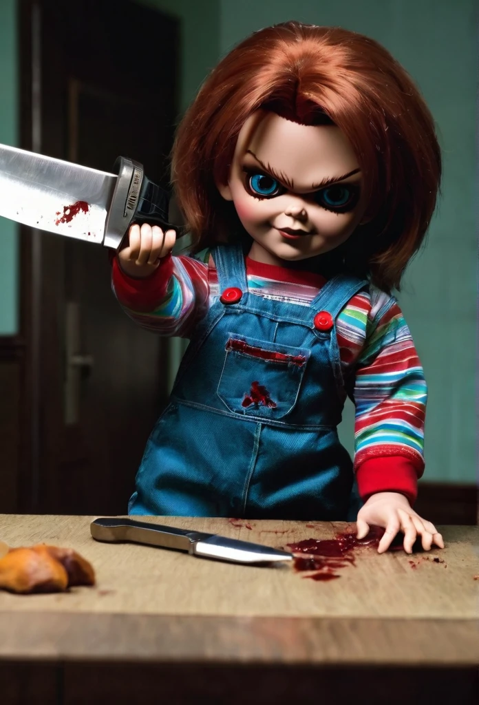 Chucky killer doll with a knife in his hand looking at Tiffany Valentine