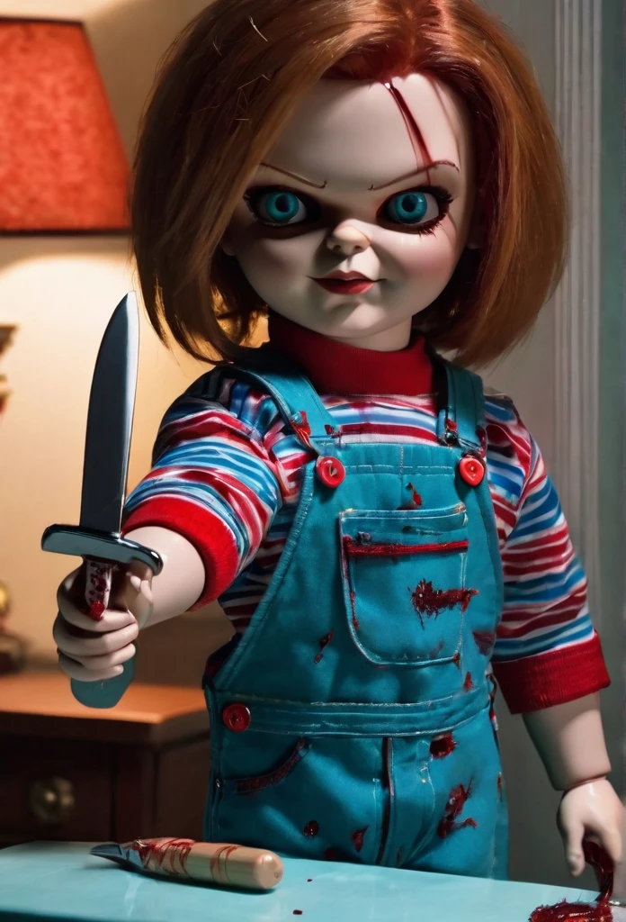 Chucky killer doll with a knife in his hand looking at Tiffany Valentine 