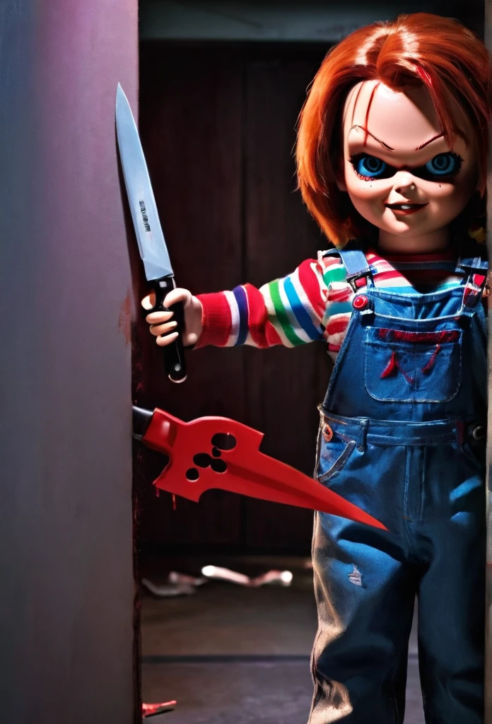 Chucky killer doll with a knife in his hand looking at Tiffany Valentine