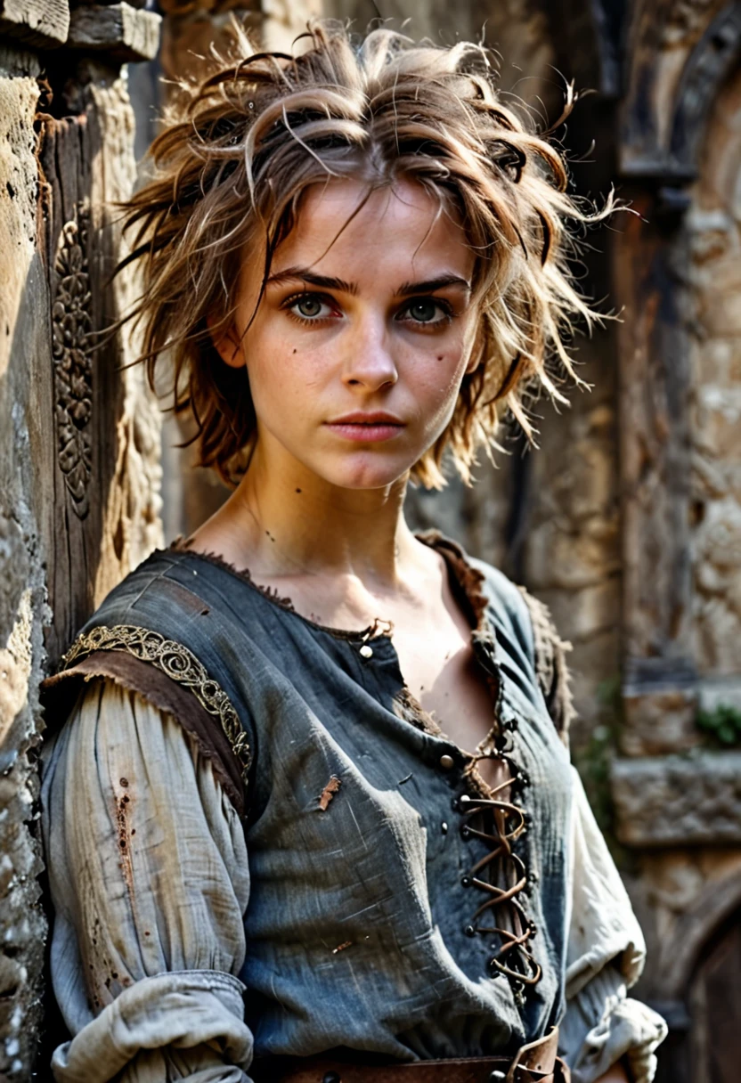 photorealistic, cute woman with messy hair and poor tattered clothes, beautiful sexy, (detailed medieval background), ultra sharp focus, detailed face, (((posing))),  random hair color, short hair, pretty eyes, whole body, High quality analog color photography.,  depth of field, film grain 