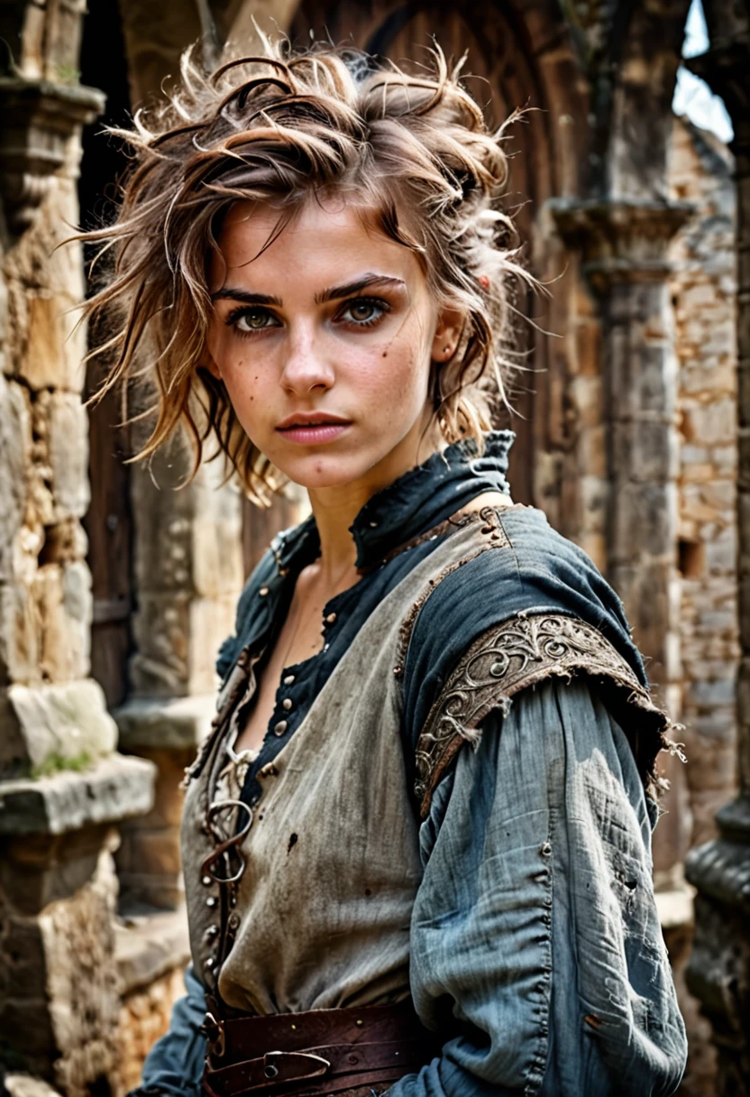 photorealistic, cute woman with messy hair and poor tattered clothes, beautiful sexy, (detailed medieval background), ultra sharp focus, detailed face, (((posing))), random hair color, short hair, pretty eyes, whole body, High quality analog color photography., depth of field, film grain