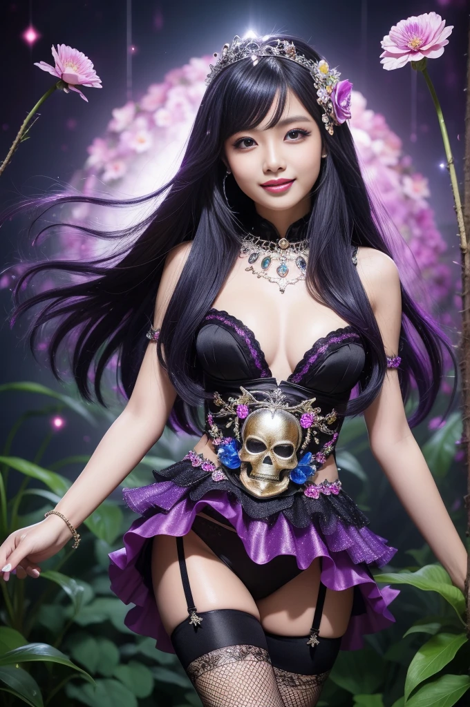 sexy Indonesian Model who controls poison、beautiful smile、lipgloss、long lashes、smokey eyeshadow、look at the camera、full body Esbian、、sparkling poisoned flower costume、、、、shiny sparkling multicolor hair、secrete poison、skull hair accessories、fishnet tights、shiny sparkling dark magic forest background