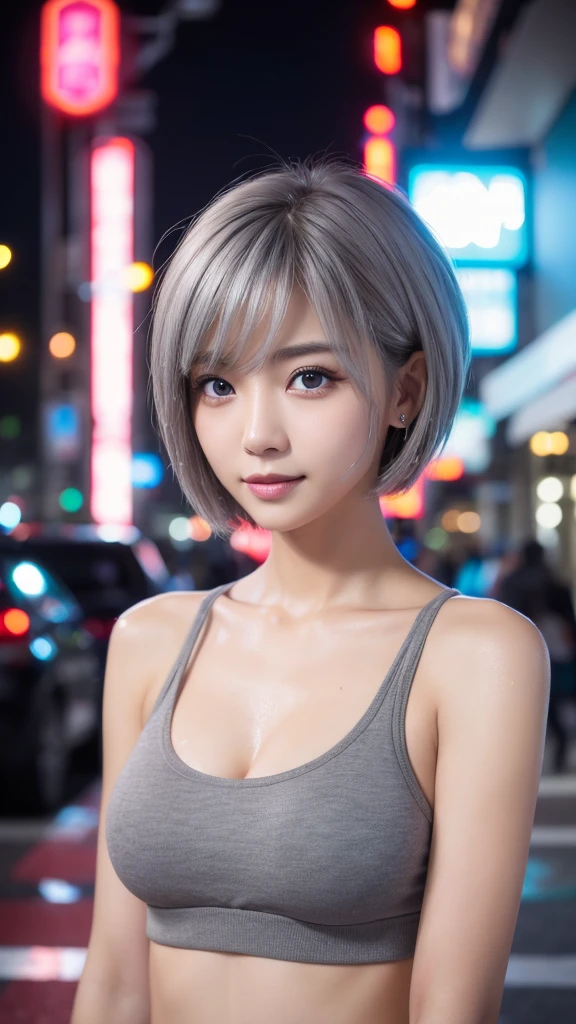smile,((NSFW)),(Best Quality:1.2), Female dog,(Female organ:1.1),8K, Raw photo, Beautiful sexual woman, Cute beautiful girl,((Her naked lower body is visible、股間のFemale organが見えている:1.3))、((Small breasts:1.5))、((Short bob cut silver hair:1.7))、Blue LED light、 Cleavage、high tech、Ultra-high resolution、32k、Night scene background、Beautiful Face、Professional Lighting、masterpiece、Very detailed and beautiful professional photography