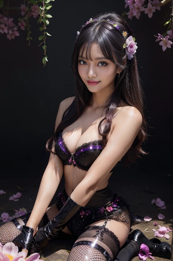 sexy Indonesian Model who controls poison、beautiful smile、lipgloss、long lashes、smokey eyeshadow、look at the camera、full body Esbian、、sparkling poisoned flower costume、、、、shiny sparkling multicolor hair、secrete poison、skull hair accessories、fishnet tights、shiny sparkling dark magic forest background