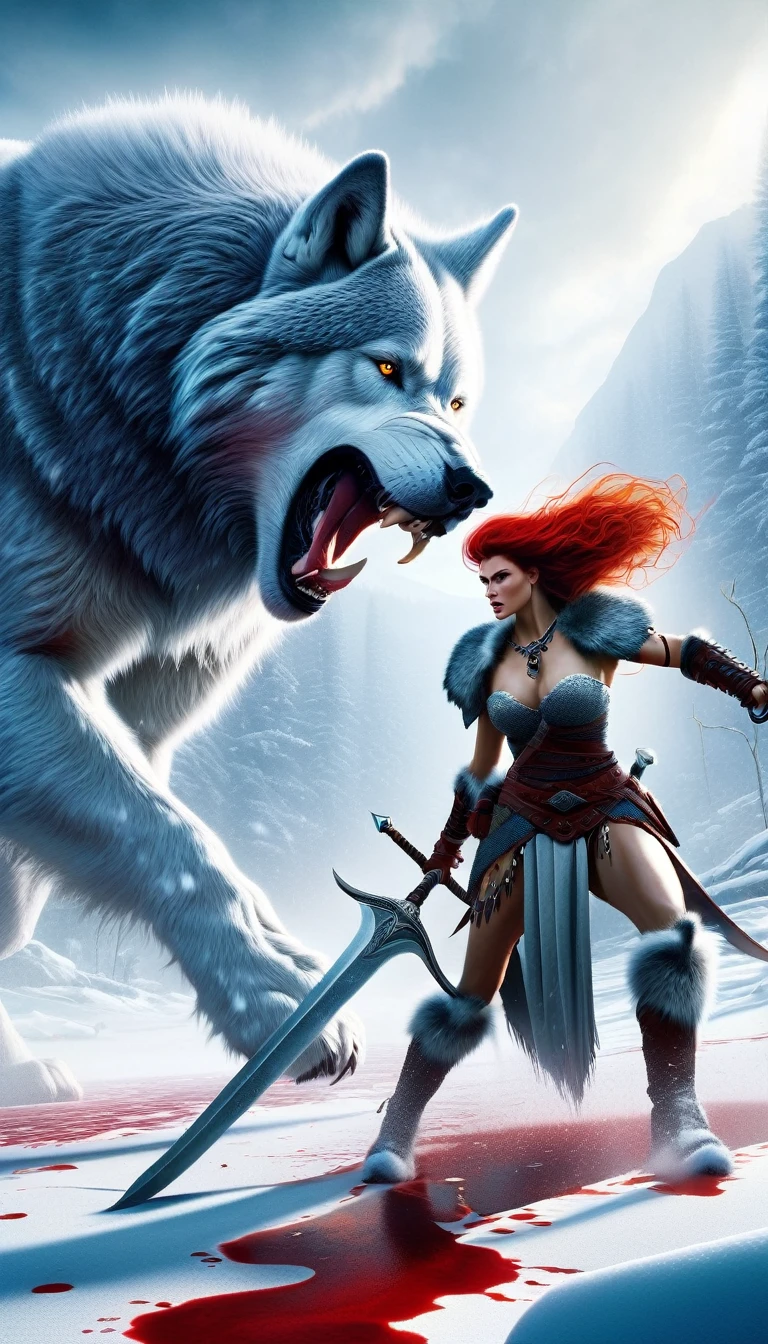 A fierce red-haired warrior woman, Red Sonja, fighting a massive 1giant wolf in a snowy landscape, blood stains on the pristine white snow, (best quality,4k,8k,highres,masterpiece:1.2),ultra-detailed,(realistic,photorealistic,photo-realistic:1.37),HDR,UHD,studio lighting,ultra-fine painting,sharp focus,physically-based rendering,extreme detail description,professional,vivid colors,bokeh,portraits,concept art,dramatic lighting,cold tones,snow,icy,winter
