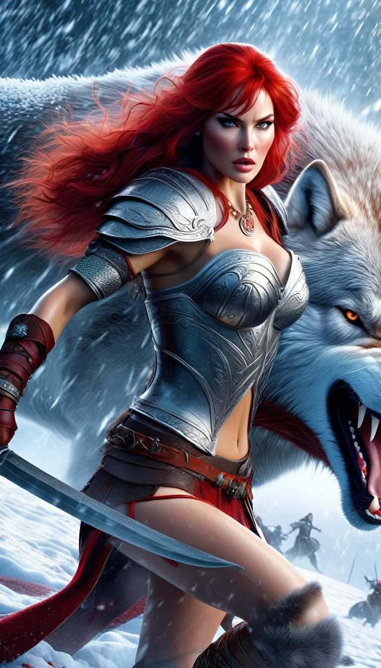 4k highly detailed realistic digital extremely high quality RAW photograph, a huge masculine woman, detailed body, detailed face, detailed eyes, orange hair, now leading them to battle. torn clothes exposing (:1.4) body, armored pauldrons, fangs, curled horns, big breasts, ((snow and blood)), ((wolf tattoos)), epic, hyperrealistic, hyperrealism, 8k, cinematic lighting, greg rutkowski, wlop, (f1.8 short focus bokeh)