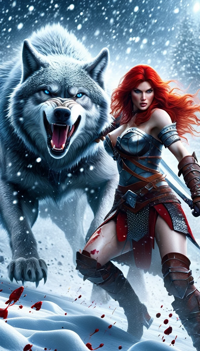 A fierce red-haired warrior woman, Red Sonja, fighting a massive 1giant wolf in a snowy landscape, blood stains on the pristine white snow, (best quality,4k,8k,highres,masterpiece:1.2),ultra-detailed,(realistic,photorealistic,photo-realistic:1.37),HDR,UHD,studio lighting,ultra-fine painting,sharp focus,physically-based rendering,extreme detail description,professional,vivid colors,bokeh,portraits,concept art,dramatic lighting,cold tones,snow,icy,winter