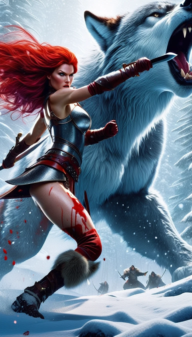 A fierce red-haired warrior woman, Red Sonja, fighting a massive 1giant wolf in a snowy landscape, blood stains on the pristine white snow, (best quality,4k,8k,highres,masterpiece:1.2),ultra-detailed,(realistic,photorealistic,photo-realistic:1.37),HDR,UHD,studio lighting,ultra-fine painting,sharp focus,physically-based rendering,extreme detail description,professional,vivid colors,bokeh,portraits,concept art,dramatic lighting,cold tones,snow,icy,winter
