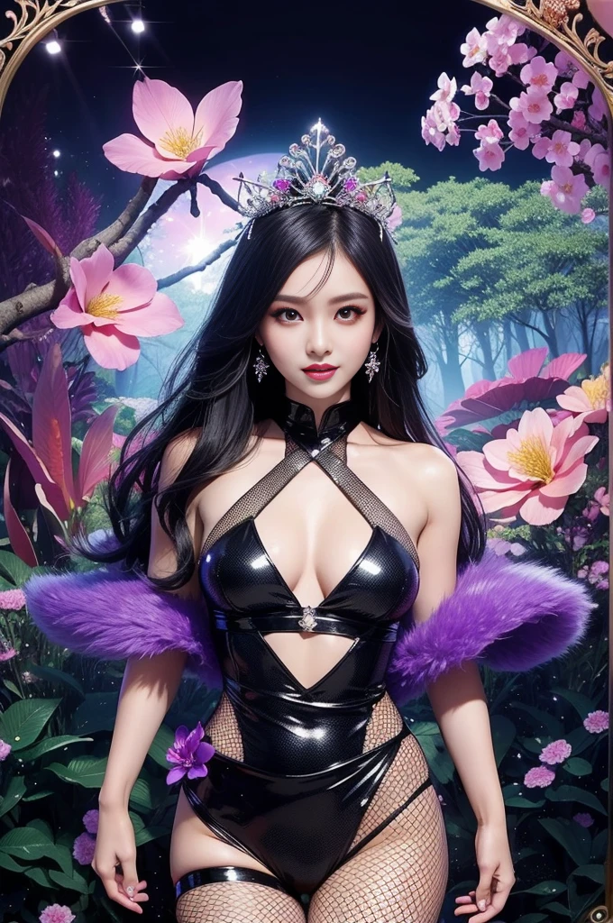 sexy Indonesian Model who controls poison、beautiful smile、lipgloss、long lashes、smokey eyeshadow、look at the camera、full body Esbian、、sparkling poisoned flower costume、、、、shiny sparkling multicolor hair、secrete poison、skull hair accessories、fishnet tights、shiny sparkling dark magic forest background