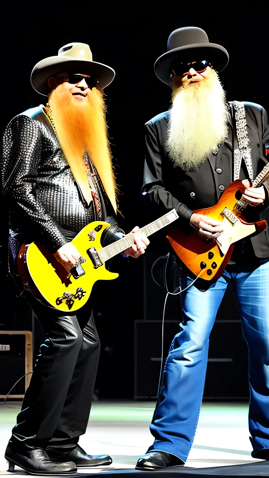 Billy Gibbons e Dusty Hill do ZZ Top, ON STAGE PLAYING ELETRIC GUITAR, STAND FULL BODY