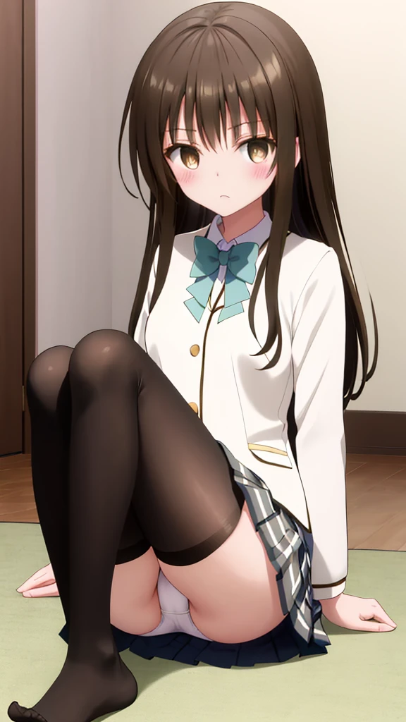 Highest quality, masterpiece, High resolution, (Head to Toe full body), front, frontやや下からの構図, Symmetric, Tall 18 year old girl, alone, (Head to Toe), (Small breasts), disheveled brown hair, bangs, (black tights), (Black Pantyhose), (Sit with your legs apart), (Crouching pose), (Composition showing white panties), (She has her legs spread and her white panties are visible.), (Sit on the floor with your legs spread), (M-shaped foot), Thin legs, とても美しくTall 18 year old girl, (No shoes), blush, Shy big eyes, Looking into the camera, Blazer uniform, Checkered Pleated Skirt、Furukawa Yui