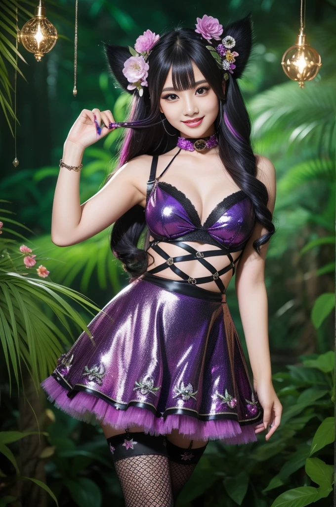 sexy Indonesian Model who controls poison、beautiful smile、lipgloss、long lashes、smokey eyeshadow、look at the camera、full body Esbian、、sparkling poisoned flower costume、、、、shiny sparkling multicolor hair、secrete poison、skull hair accessories、fishnet tights、shiny sparkling dark magic forest background