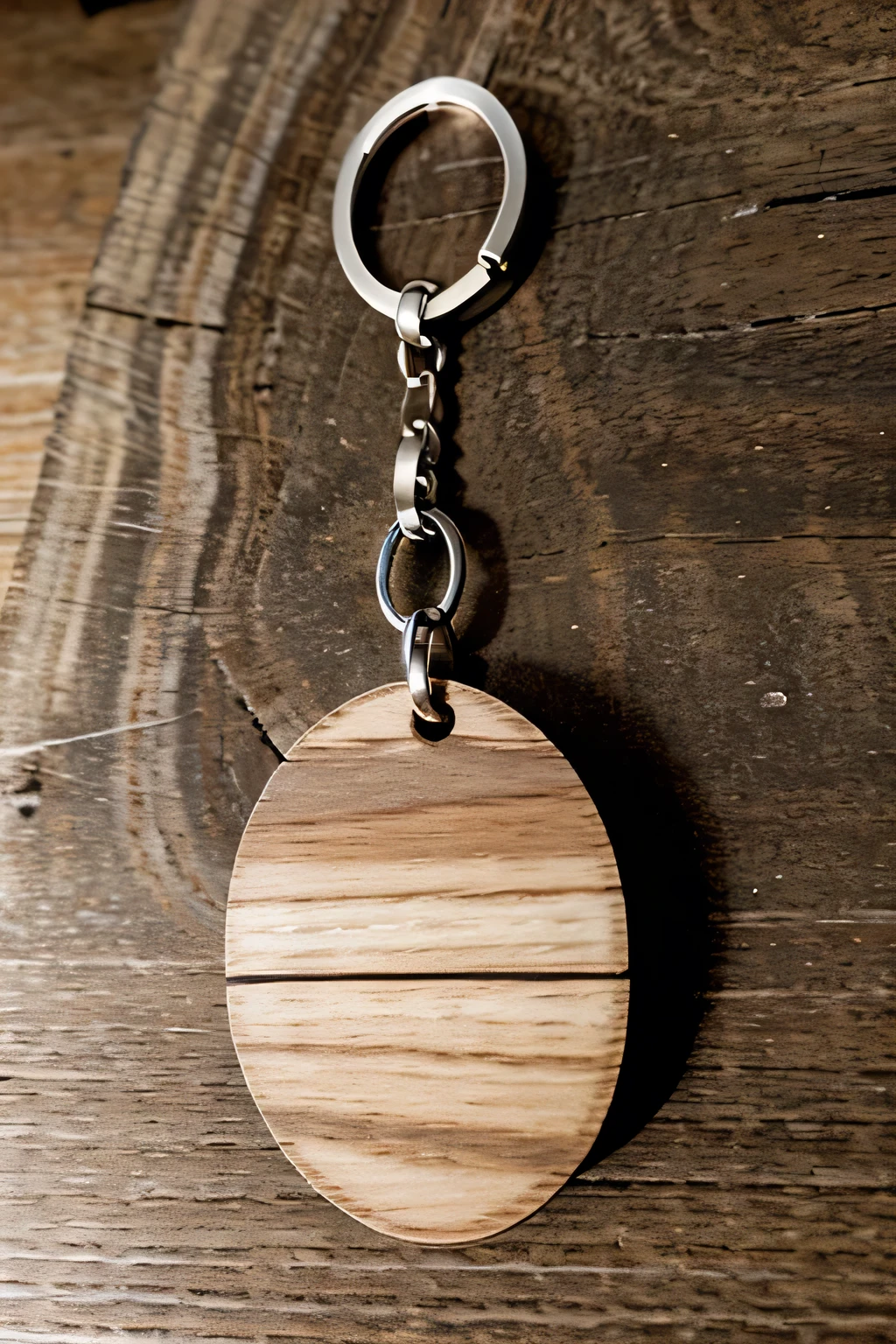 Create an image of an oval-shaped wooden keychain. The wood should show the growth rings very subtly, barely visible, so the natural texture is appreciated without being too striking. The keychain should include a small hole at the top for a metal ring. Ensure that the image conveys a sense of naturalness and elegance, highlighting the rustic and delicate beauty of minimally t
